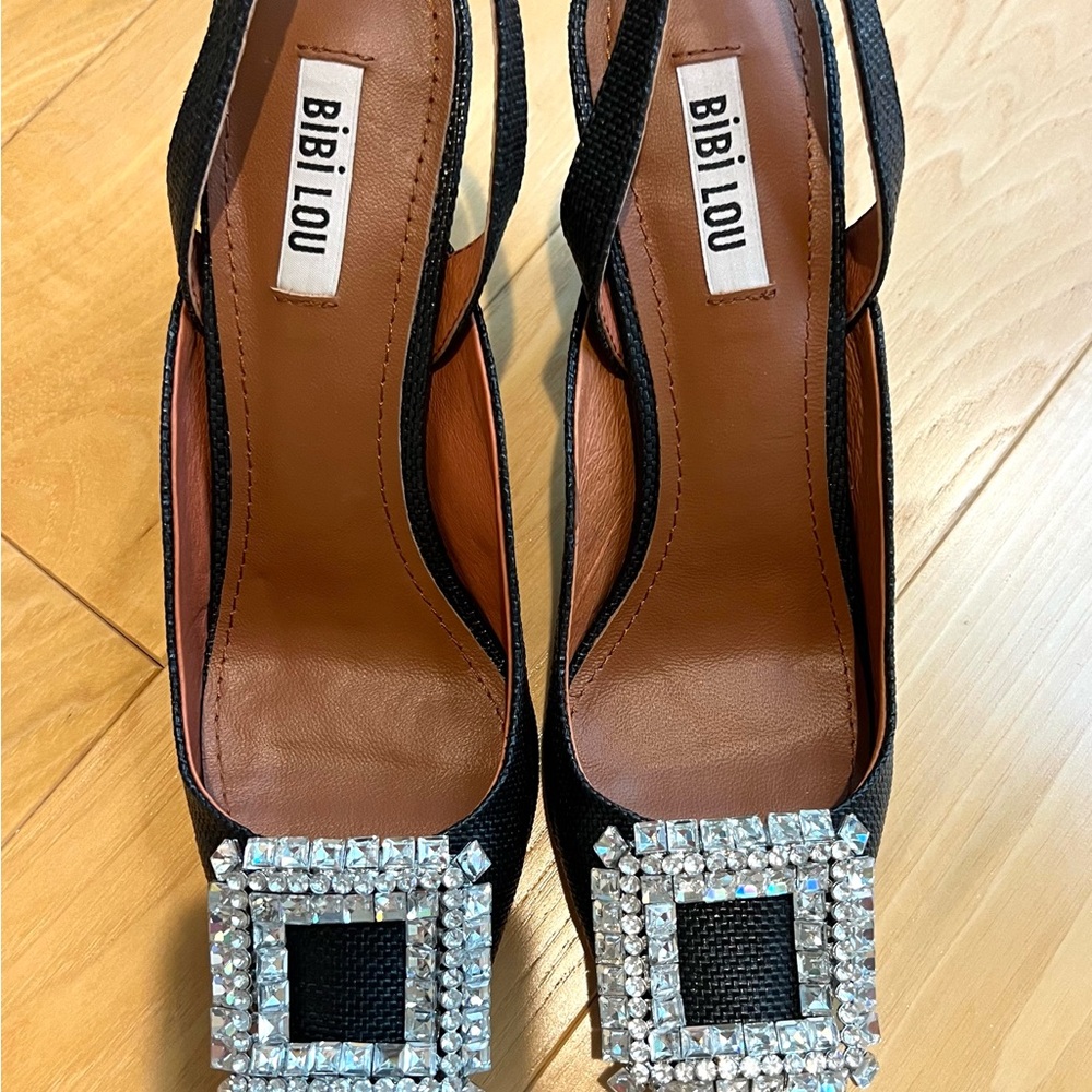 Bibi Lou Black Linen Slingback Heels with Crystal Accents